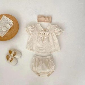 Roupas de roupas 2024 Summer Girl Baby Borderyer Flower Shorts Shorts 2pcs Crianças Sweet Bow T-shirt Suit Kid Casual Casual Tees