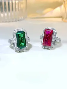 Cluster Rings Versatile Rectangular Red Treasure 925 Silver Ring Set With High Carbon Diamond Jade High-end Banquet Style