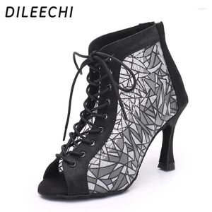 Dance Scarpe Dileechi Womenne Net Women Latin Black Velvet Straps Salsa Party Ballroom Dancing Boots High Cuba Heel 9cm Soft Suola