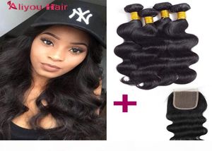 Cabelo corporal brasileiro Cabodiano peruano Malásia Virgem Indian Virgin Wave 4 Bundles Hair Weaves Fechamento onda corporal com 4x4 lac1325838