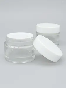 Bottiglie di stoccaggio 6 x 50 g trasparente in vetro in vetro pentola per cura della pelle contenitore cosmetico da 50 ml con coperchi bianchi