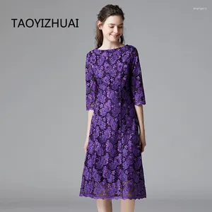Sukienki imprezowe Taoyizhuai Autumn Casual Style Fiolet Kolor plus rozmiar sukienki Prosto luźne vintage O Naturalne talia Kwiatowa 14290