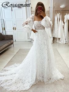 2024 Illusion Square Collar Open Back Bright Wedding Dresses A-Line Long Sleeve 3D Floral Spets Bridal Clows Robe de Mariee