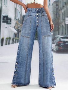 عالي الخصر جينز الجينز الزر أزياء السراويل الطويلة فضفاضة التخسيس مباشرة العصرية 240423