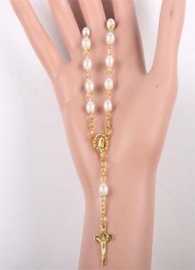 Religious Vintage Prayer Women Christian Bead Chain glass pearl Catholic Rosary Bracelet gold color 2110147343465