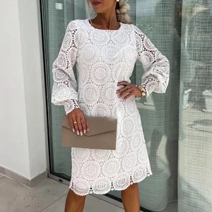 Casual Dresses Female Solid Color O Neck Long Sleeve Dress Elegant Lace Crochet Hollow Out Party Spring Temperament Commute A-Line