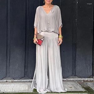 Women's Two Piece Pants Elegant Chiffon Wide-leg Two-piece Set Women 2024 Spring Half Sleeve Solid Loose Outfit Summer V Neck Backless