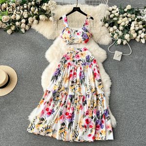 Work Dresses Gagaok Beach Style Two Piece Suits Strap Zipper Slim Short Tops Vintage Long A Line Skirt Women Fashion Floral Print Sets