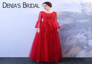 2018 Red ALine Evening Dresses with Illusion Long Flare Long Sleeves Scoop Neckline Crystal Pearls Lace Real Imgaes Prom Gowns XG7394114