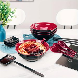 Bowls 1set Black And Red Four-in-one Tableware Set 4pcs 4 Pairs Chopsticks Sauce Trays Spoons Ramen Bowl