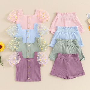 Kläderuppsättningar Pudcoco Kids Girl Summer Ribbed Outfit Daisy Print Mesh Kort ärm T-shirt Elastiska shorts Set Cute 2 Piece Clothes 1-5y