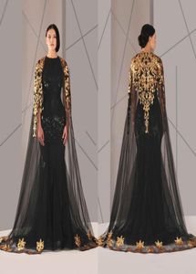 2018 Black Arabic Muçulmano Prom Vestidos de Tuled Gold e lantejoulas pretas Crew pescoço PLUS TAMANHO MERMAI