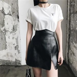 Saias verão Autumn PU Salia de couro Mulheres de cintura alta punk hollow out zipper cool black streetwear mini sexy curto gótico meninas