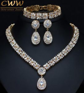 CWWZircons Exclusive Dubai Gold Plate Jewellery Luxury Cubic Zirconia Necklace Earring Bracelet Party Jewelry Set for Women T053 T4698947