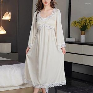 Apresenta de sono feminino de seda de seda elegante de renda de renda de renda de luva longa camisola casual roupas de casa outono da primavera outono