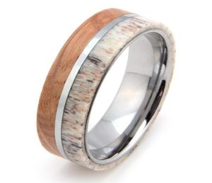 Mens Womens 8mm Tungsten Carbide Ring Deer Antler and Whisky Barrel Wood Inlay Wedding Band Comfort Fit Size 713 Include Half Siz2426782