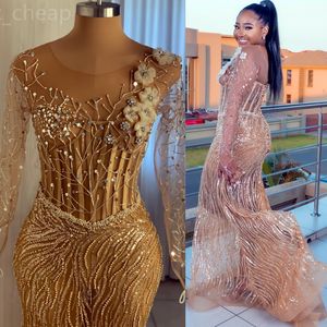 2024 ASO EBI Gold Mermaid Prom Dress Pärled Crystals See Through Evening Formal Party Second Reception 50th Birthday Engagement Gowns Dresses Robe de Soiree ZJ331