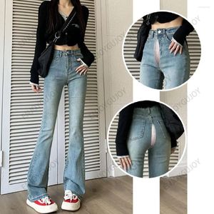 Женские джинсы с высокой талией с микро -расщепленными брюками MS невидимая открытая промежность открытая секс -подкова подрыть