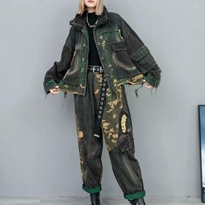 Zweiteilige Hosen für Frauen personalisierte coole Farbanpassungen Tarn Vintage Denim Jeans Set Frauen 2024 Frühling Herbst Lose sitzende Jacke