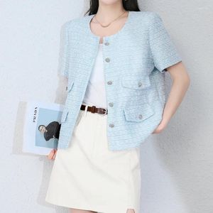 Jackets femininas pequenas lascas curtas de manga curta Mulheres o pescoço solto azul rosa corea chique chique selvagem francesa elegante tweed jaqueta