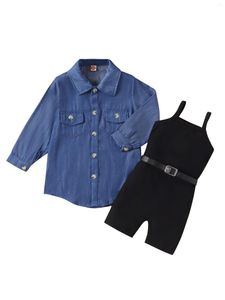 Set di abbigliamento per ragazze eleganti set da 2 pezzi set senza maniche campe cime con cinghia e camicia in denim cappotto capro capispalla