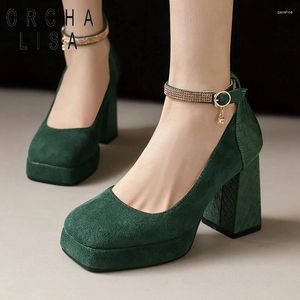 Klänningskor Orcha Lisa Elegant Women Pumps Square Toe Chunky Heels 9,5 cm Platform 2,5 cm Ankle Buckle Strap Big Size 48 49 50 Mode Dating