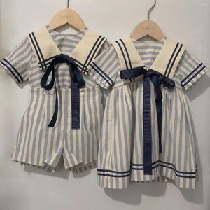 Clothing Sets Children Boutique Boys Girls Short Sleeve Blue Striped Navy Tie Set Vintage Cotton Siblings Outfit Birthday Dress