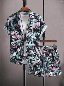 Мужские спортивные костюмы Flower Hawaiian Floral Printed 2 Piece Setts Sets Setts с коротким рукавом пляжная пуговица рубашка и шорты набор костюмов