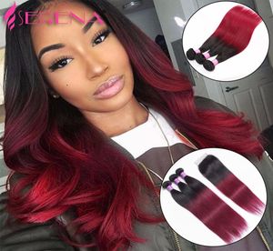 Mink Brazilian Virgin Hair Straight Hair Weaves With Closure 1b 99J Burgundy Ombre Lace Closure With Bundles Ombre Two Tone Human 1963959