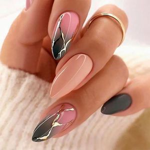 24Pcs Pink Almond False Nails Shiny Golden Ripples Stiletto Fake Detachable Oval Full Cover Press on Tips Manicure 240423