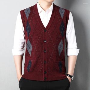 Men's Vests Spring Korean Fashion Knitted Cardigan Sleeveless Tank Men Panelled Print V-neck Button Pocket Casual Warm Vest Sweater Top