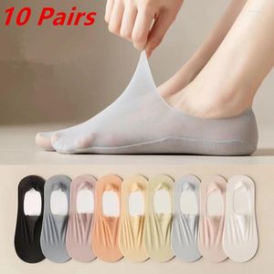 Women Socks 10 Pairs/lot Women's Ultra-thin Invisible Boat High Quality Stretch Ice Silk Cotton Sock Silicone Non-slip Low Short Sox