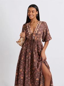 Casual Dresses Women's Retro Floral Long Dress Puff Short Sleeve Deep V Neck Loose Summer Bohemian Holiday 2024