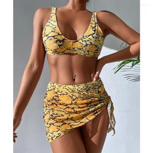 Kvinnors badkläder 2024 Yellow Leopard Swimsuit For Women Beach Kjol 3 Piece Bikini U-hals Lace-up Backless Bathing Suit High midja Y87