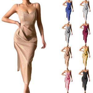 봄 새 도착 유럽과 미국 스타일 우아한 긴 드레스 반짝이는 섹시한 매력적인 단색 스팽글 딥 v- 넥 스플릿 스트랩 드레스