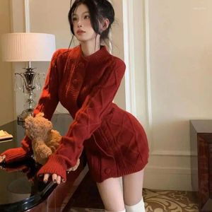 Casual Dresses HSA Red Christmas Sweater Sticked Dress Children's Wear 2024 Winter Coat Twisted Bandage Hip Mini Vestidos