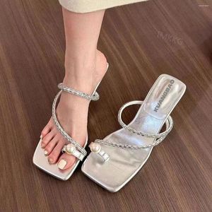 Slippers Women One Toe Sandals Woman Silver Heels Ladies Bling High-heeled Casual Shoes Pumps Party Wedding Sandalias Femininas