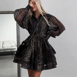 Abiti casual abito da donna 2024 in chiffon leopardo stampa a maniche lunghe con risvolto e gonna soffice