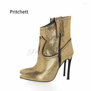 Boots Gold Stiletto Ankle For Women Fashion Concise Pointed Toe Slip On Super High Heels Catwalk Party Shoes Female