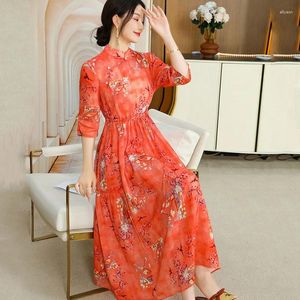 Party Dresses 2024 Summer Fashion Elasticity Waist Chinese Style Ramie Printing Half Sleeve Comfortable Fairy Medium And Long Dress S-XXL