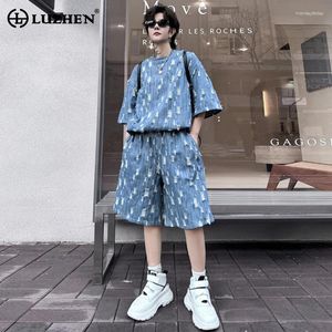 Herrspårsugnar Luzhen Summer Wortout Patched Design Denim kortärmad t-shirt Tvådelar Set Original Personlighet Trendiga Shorts LZ3193