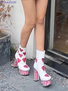 Stövlar Sexig plattform Sheer Pink Heart Rose Block Heel Fashion med Höjda kvinnors skor Högklackade mitten av fatet