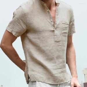 メンズカジュアルシャツ2024サマーコットンとTシャツスタンドアップネックボタンハーフオープンフロントシンプルなビーチスタイル短袖シャツ
