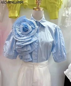 Bluzki damskie Nomikuma Summer Fashion krótkie rękawy słodkie plisowane drewniane ucha Patchwork trójwymiarowa trójwymiarowa koszula kwiatowa dla kobiet Casual