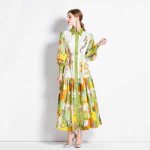 Casual Loose Women's Shirt Dress med Sashes, Lapel Single-Breasted Printed Dress, Lantern Sleeve Holiday Vestidos, Spring Summer