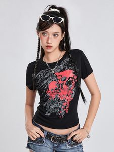 Women's T Shirts Women Short Sleeve T-Shirts Summer Goth Skull Print Crew Neck Slim Fit Cropped Tops Gothic Casual Baby Tee Halloween