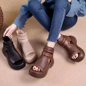 Retro Soft PU Leather Ladies Cool Boots Fashion Women Sandals Summer Fish Mouth Wedges Mid Heels Shoe Sandalias 240423