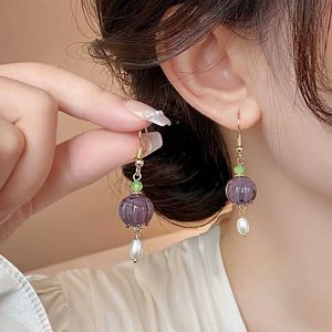 Brincos de pérolas de flores coloridas para mulheres 2024 Moda coreana Dangle EarringTemperamento jóias roxas femininas atacado