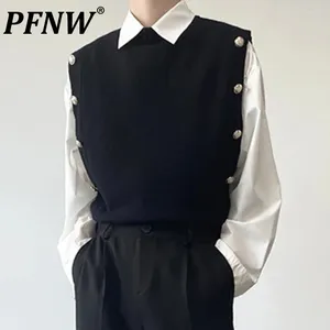 Men's Vests PFNW Menswear Preppy Style Fashion Chic Button Spliced Knitting Pullovers Round Neck Sweater Vest Autumn Winter 2024