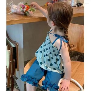 Clothing Sets Girls Polka Dot Kids Clothes 2024 Summer Korean Suspender Top Lace Wide Leg Pants Two Piece Set Casual Loose Cotton